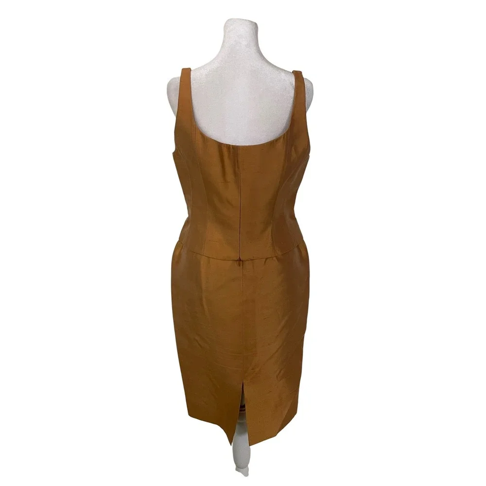 Vtg Luca Luca 3pc Silk Shantung Skirt Suit Set Copper Faux Fur Collar Hollywood